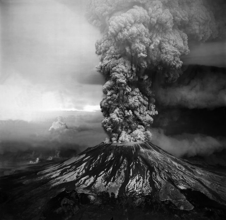 Aerial view of the May 18, 1980 eruption of Mount St. Helens as seen from the southwest. Columns of ash and volcanic gas reached heights of more than 80,000 feet.